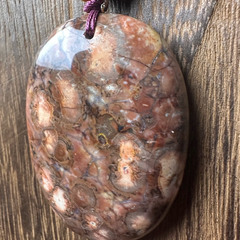 Ocean Jasper Pendant Necklace, Palo Santo Bead on Brown Rope - Picture 6 of 11